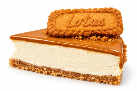Lotus bisküvili cheesecake dilimi; bisküvi tabanı, karamel sosu ve üstünde bir Lotus bisküvisi.