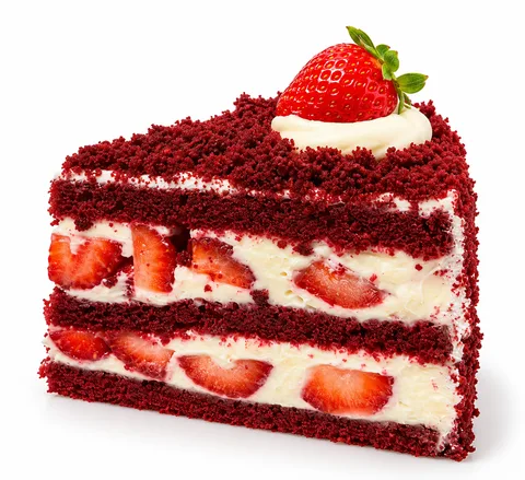 Red velvet pasta dilimi; kat kat krema ve çilek, üstünde bütün bir çilek.
