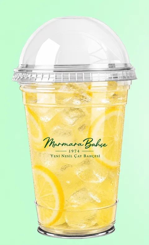 Kubbe kapaklı şeffaf bardakta buzlu limonata, içinde limon dilimleri.