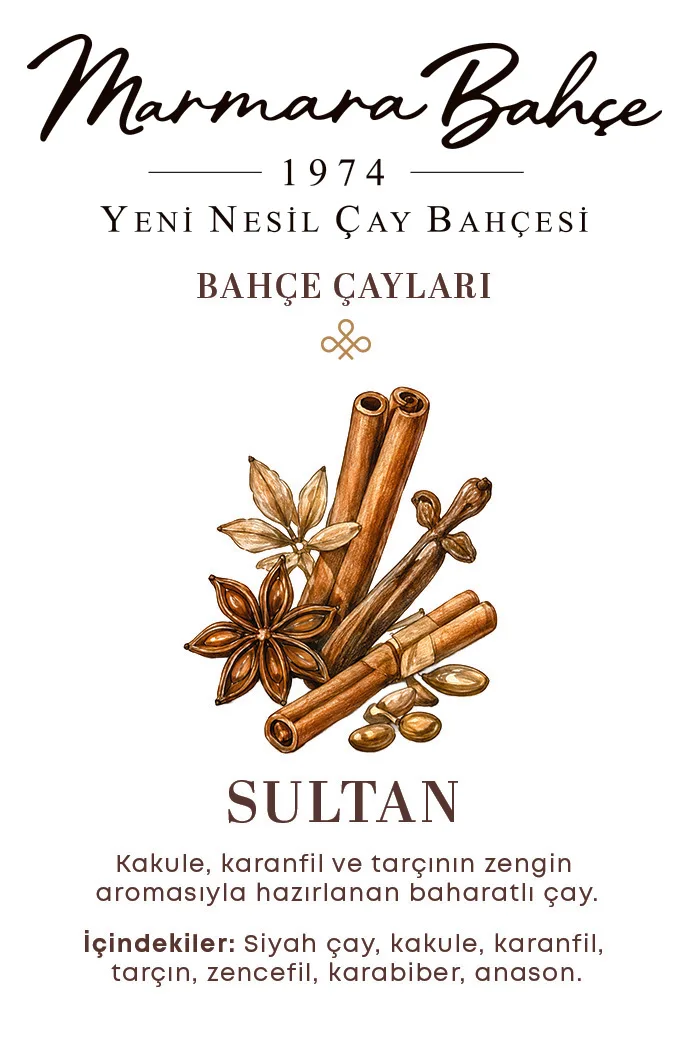 Sultan: Kakule, karanfil ve tarçının zengin aromasıyla hazırlanan baharatlı çay. İçindekiler: siyah çay, kakule, karanfil, tarçın, zencefil, karabiber, anason.