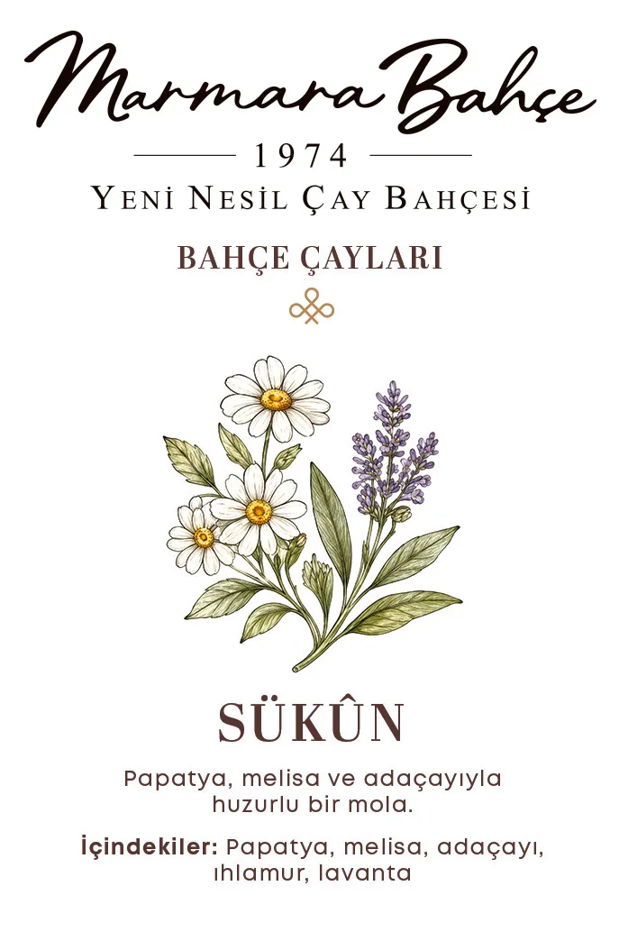 Sükûn: Papatya, melisa ve adaçayıyla huzurlu bir mola. İçindekiler: papatya, melisa, adaçayı, ıhlamur, lavanta.