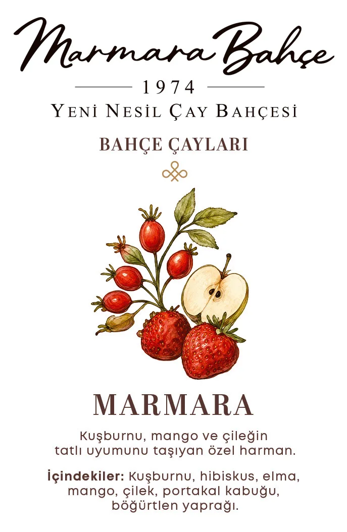 Marmara: Kuşburnu, mango ve çileğin tatlı uyumunu taşıyan özel harman. İçindekiler: kuşburnu, hibiskus, elma, mango, çilek, portakal kabuğu, böğürtlen yaprağı.