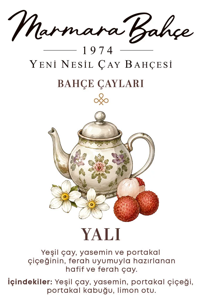 Yalı: Yeşil çay, yasemin ve portakal çiçeğinin ferah uyumuyla hazırlanan hafif ve ferah çay. İçindekiler: yeşil çay, yasemin, portakal çiçeği, portakal kabuğu, limon otu.
