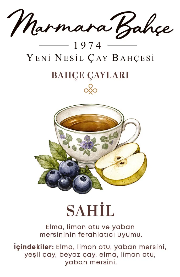 Sahil: Elma, limon otu ve yaban mersininin ferahlatıcı uyumu. İçindekiler: elma, limon otu, yaban mersini, yeşil çay, beyaz çay.